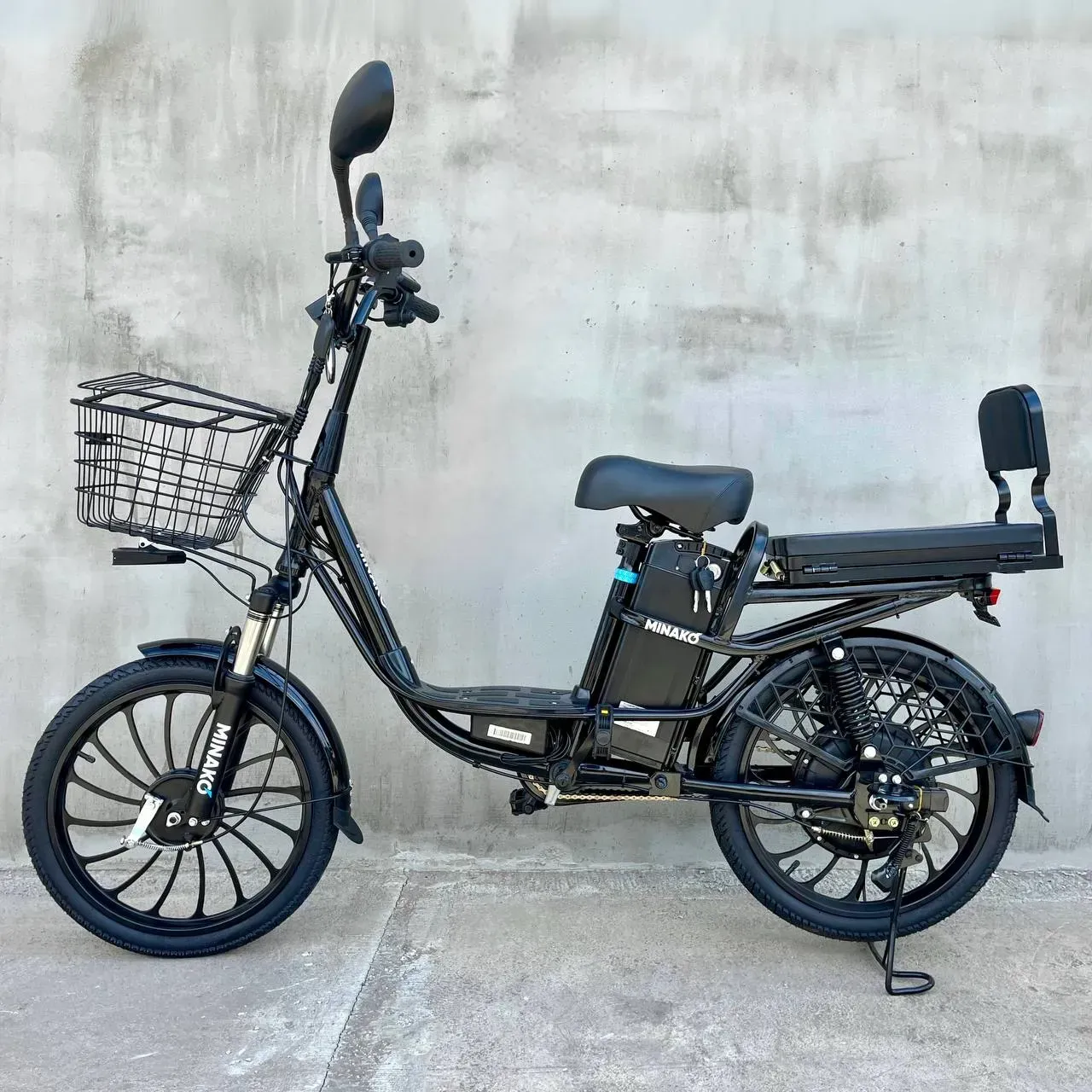 Електровелосипед MINAKO PRO 20" 800W 48V 15Ah з АМОРТИЗАТОРОМ — чорний — з розкладним сидінням-багажником